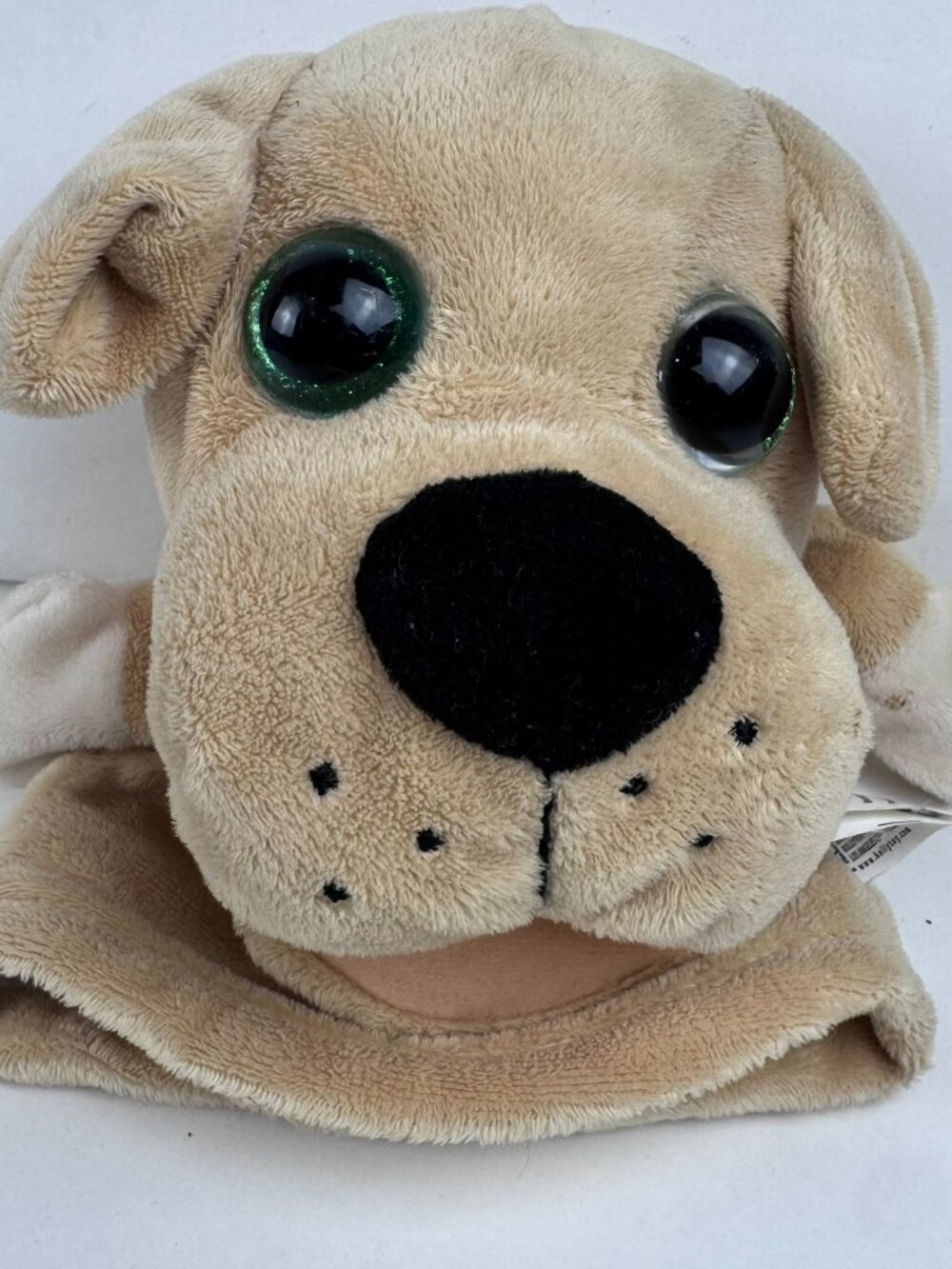 Kellytoy Dog Hand Puppet Plush Tan Puppy Glitter Green Eyes Movable Mouth stains